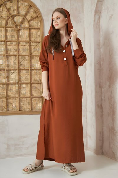 Kiremit Kahverengi Baskılı Kapüşonlu Yırtmaçlı Oversize Spor Elbise