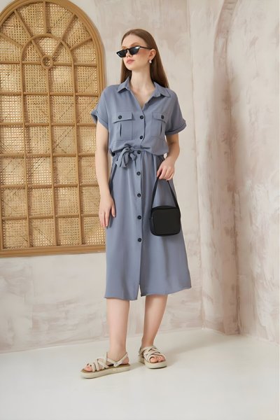 Koyu Gri Midi Kısa Kollu Kırışmaz Safari Cepli Elbise