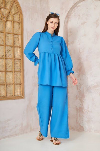 Mavi Gofre Balon Kol Büzgülü İkili Tunik Pantolon Takım