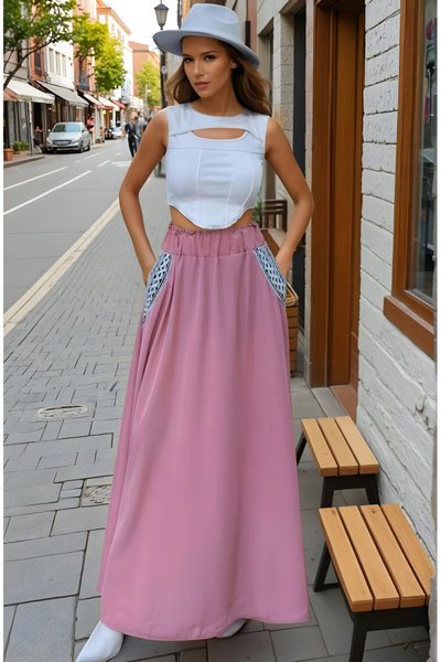 Long Flared Elastic Waist Straw-Detail Skirt - Pink