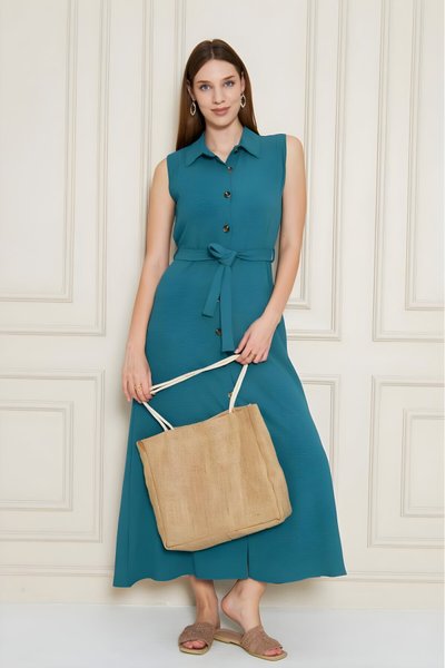 Long Aerobin Belted Shirt Collar Dress - Petrol