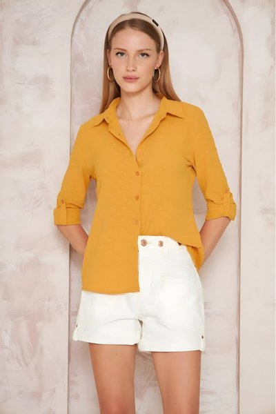 Pudra Slim Fit Uzun Kollu Hardal Ponponlu Gömlek