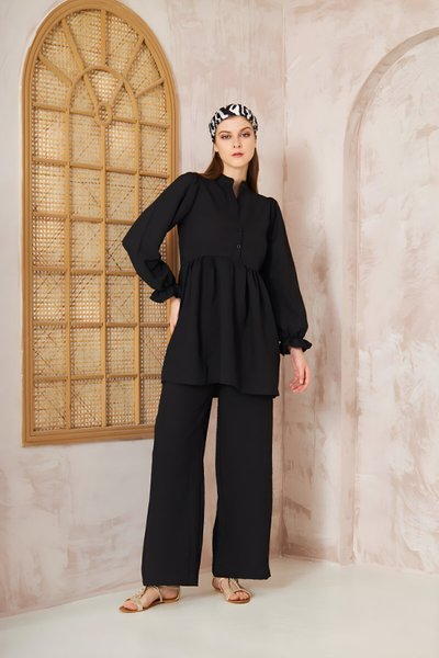 Two-Piece Gathered Balloon Sleeve Crinkled Modest Set - Black