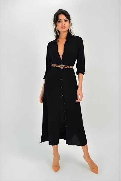 Siyah Midi Rahat Gömlek Yaka Uzun Kollu Elbise