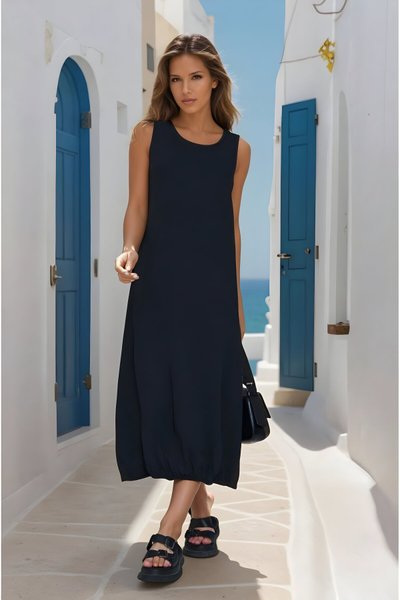 Siyah Midi Yazlık Eteği Lastikli Airobin Elbise