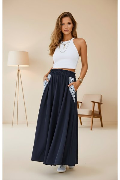 Long Flared Woven-Detail Skirt - Black