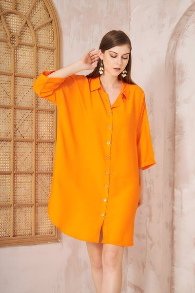 Turuncu Salaş Midi Keten Yarım Katlanır Kollu Elbise