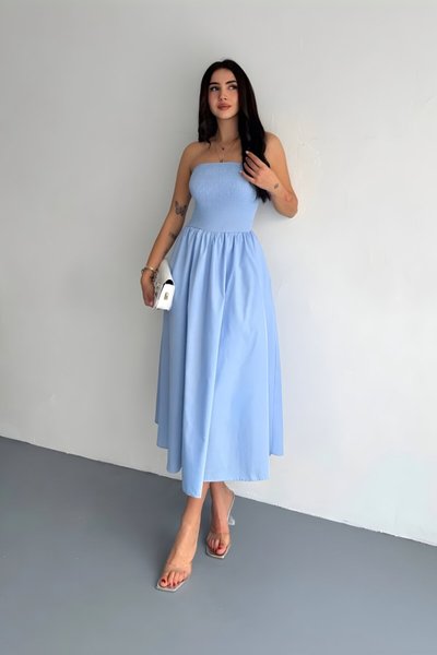 Long Pleated Strapless Dress - Light Blue