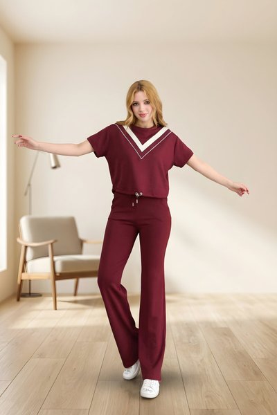 Bordo Kısa Kollu Bisiklet Yaka Parçalı Detaylı İkili Takım