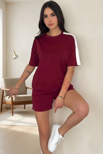 Crew Neck Panel Soft Textured T-shirt Shorts Set - Burgundy