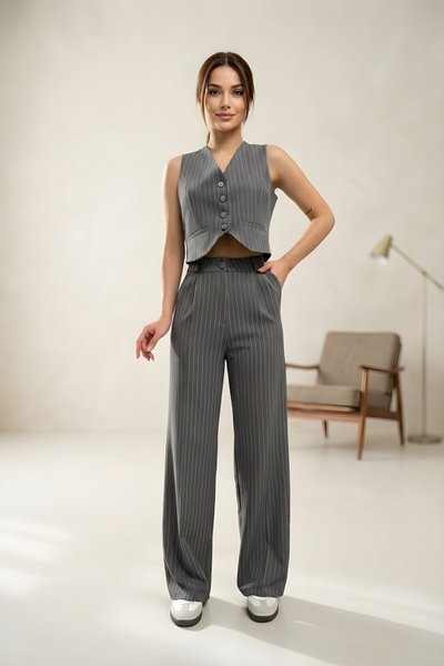 Striped Lined Vest Palazzo Trousers Set - Gray