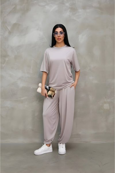 Gri Oversize Yumuşak Dokulu Bisiklet Yaka T-shirt Jogger İkili Takım