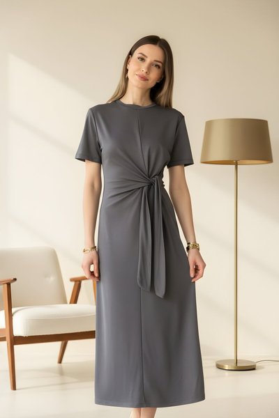 فستان طويل رمادي مودال برباط جانبي
