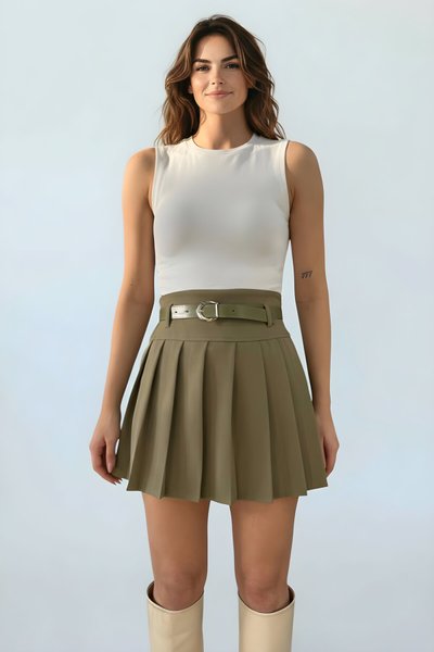 Short Pleated Belted Skirt - Olive Green
