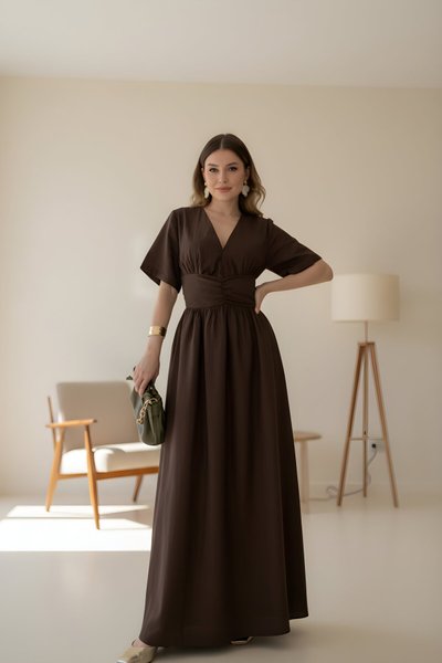 Long Short-Sleeved Dress - Brown