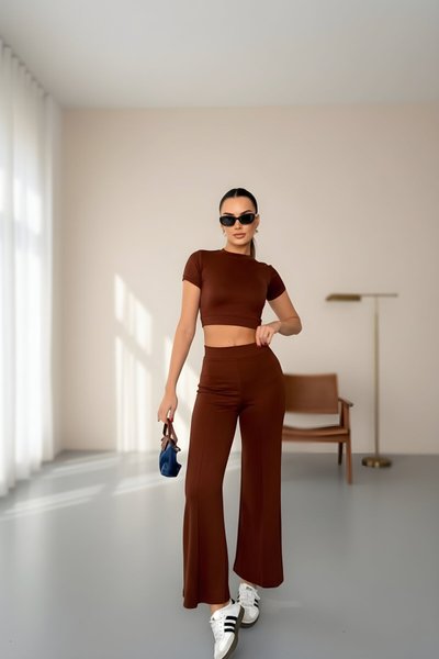 Crop Short-Sleeve Soft Modal Flare-Leg Set - Brown