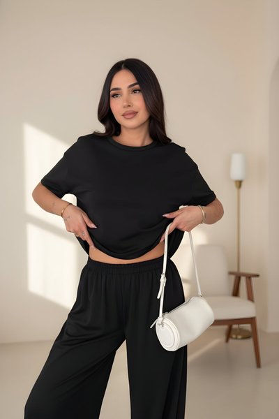 Wide Leg Soft Modal Crew Neck Set - Black