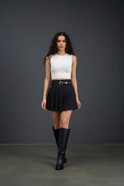 Mini Pleated Belted Skirt - Black