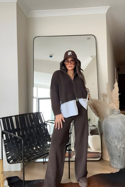 Acı Kahve İkili Poplin Garnili Triko Takım