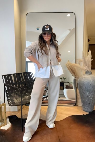 Two-Piece Knit Poplin-Trimmed Set - Beige