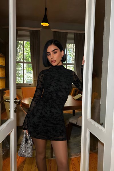 Siyah Flok Baskılı Mini Astarlı Abiye Elbise