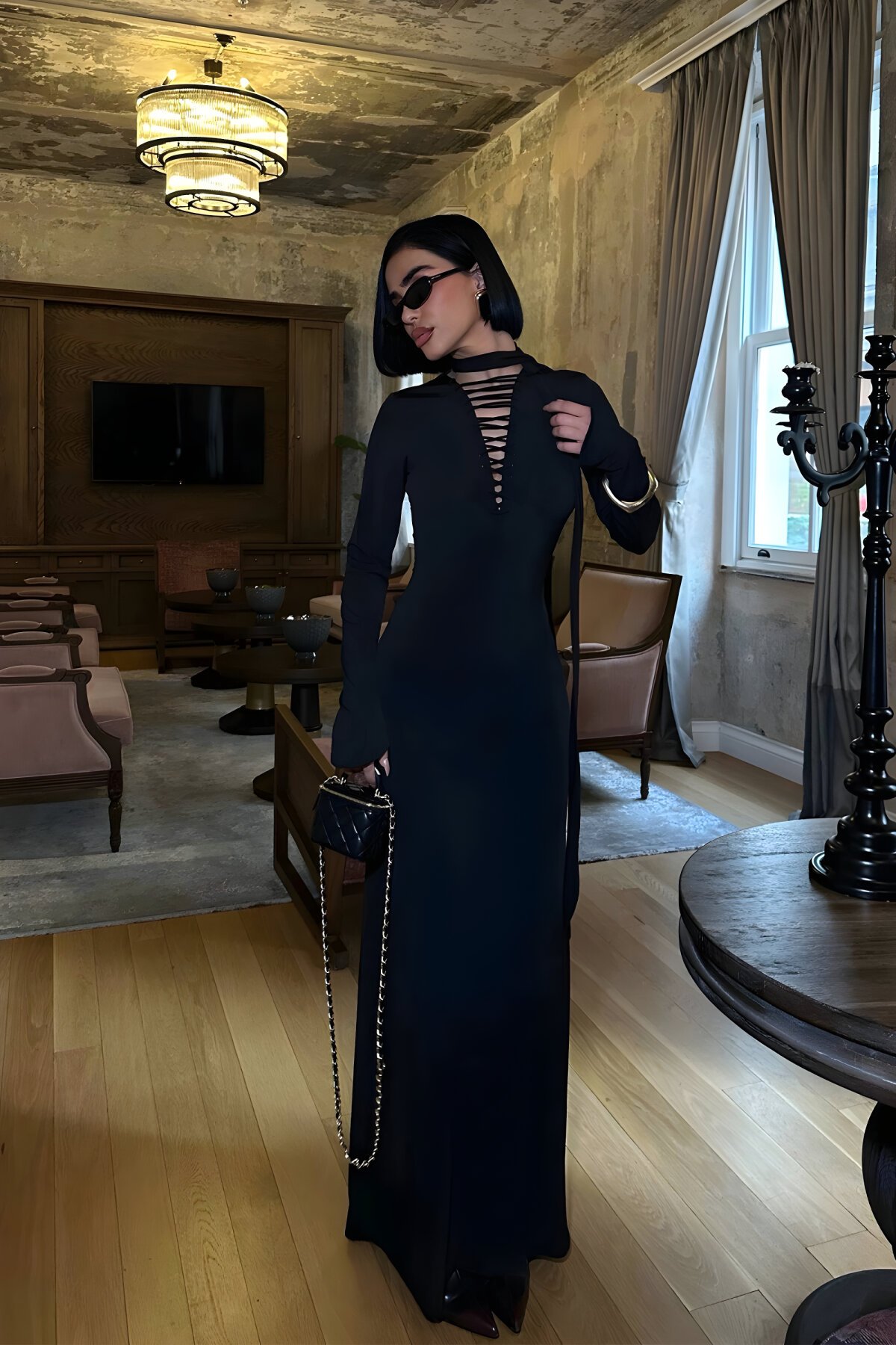 Siyah Sandy Uzun Şallı Abiye Elbise - VİSKALİ