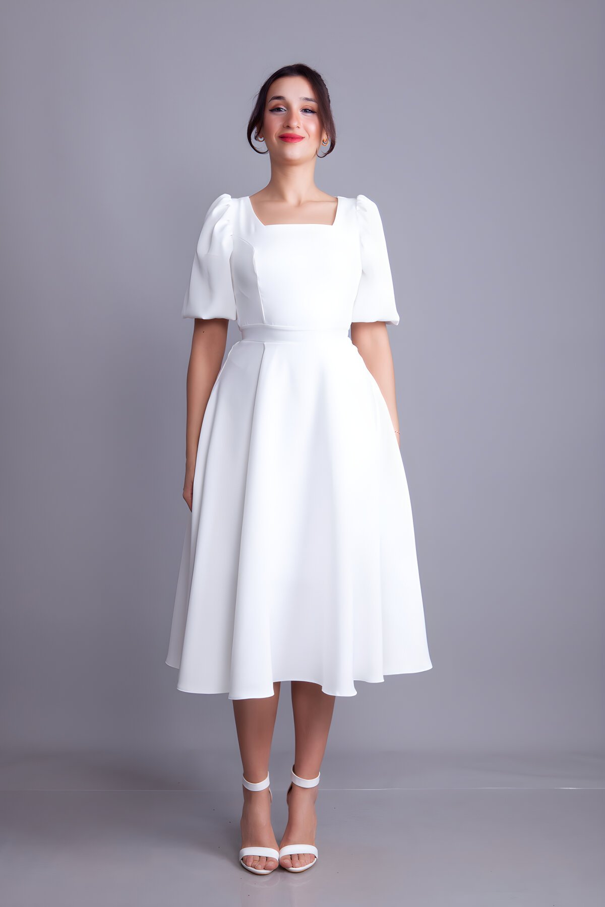 Midi Square Neck Puff Sleeve Evening Dress - White - Bidoluelbise