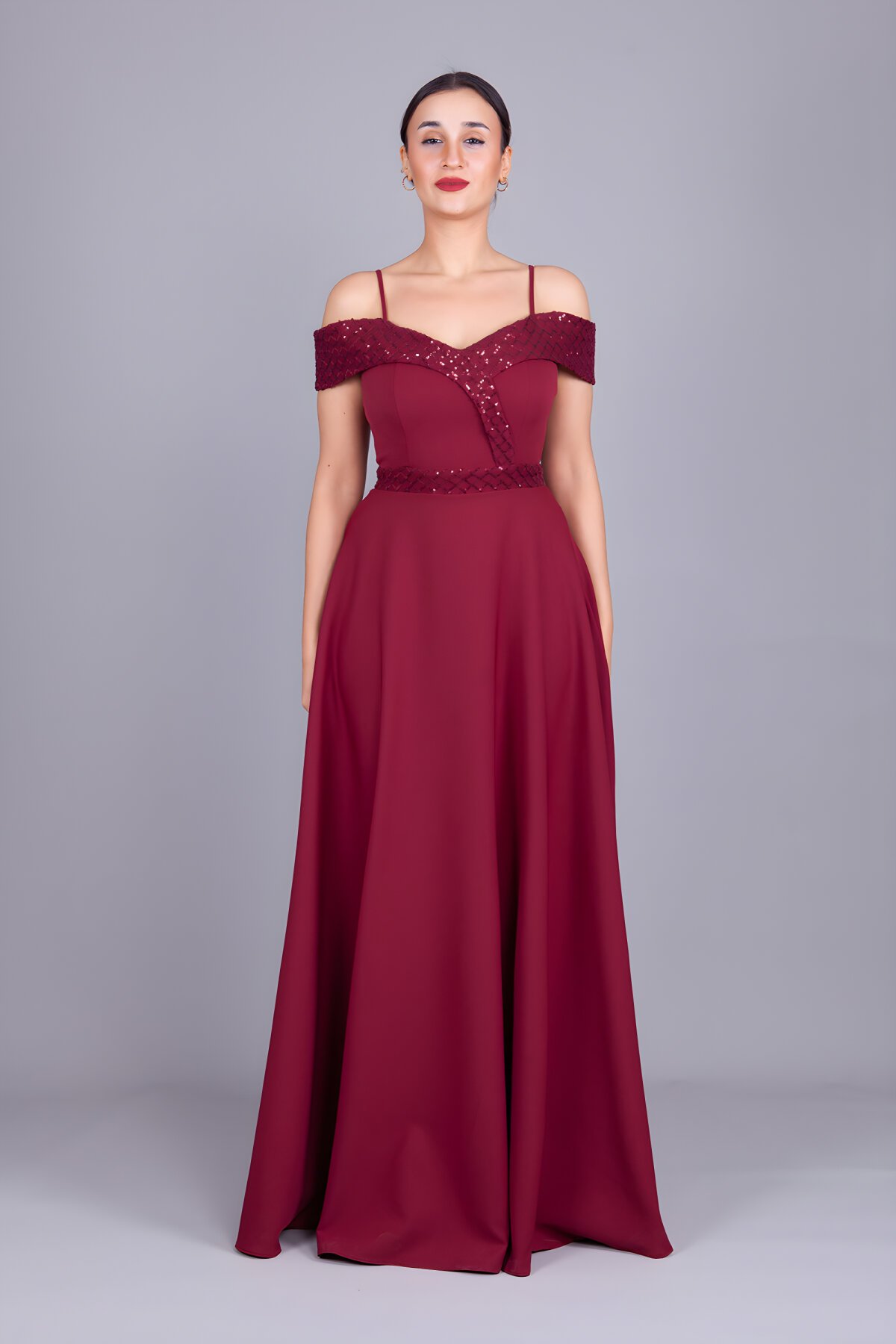 Long Flared Checked Sequin Evening Dress - Burgundy - Bidoluelbise