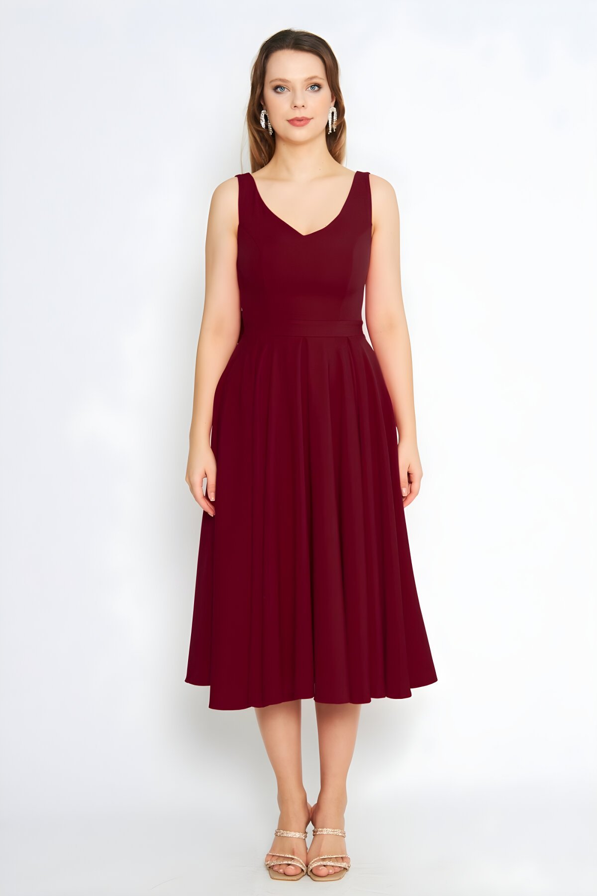 Bordo Midi Kloş Sırtı Fiyonklu Pileli Abiye Elbise - Bidoluelbise