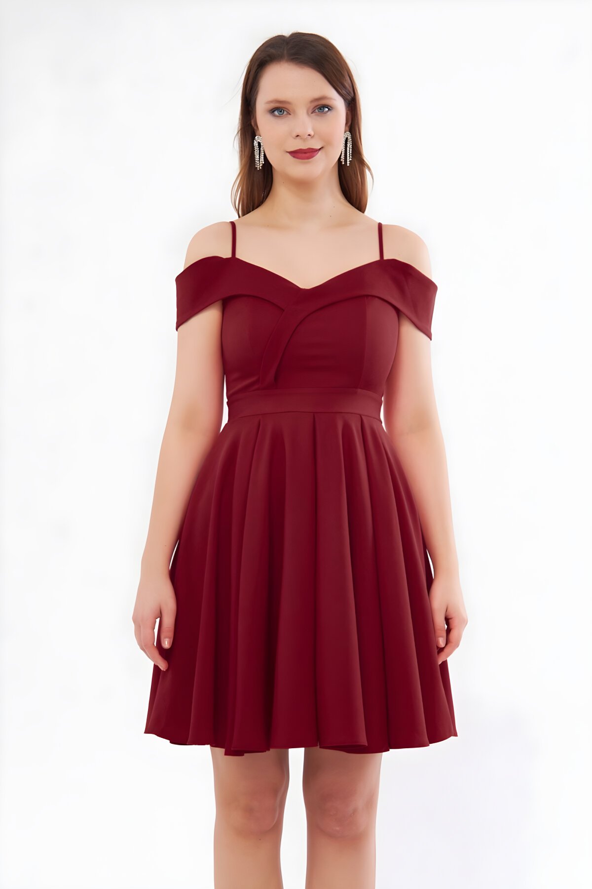 Bordo Mini Askılı Kloş Pileli Kayık Yaka Abiye Elbise - Bidoluelbise