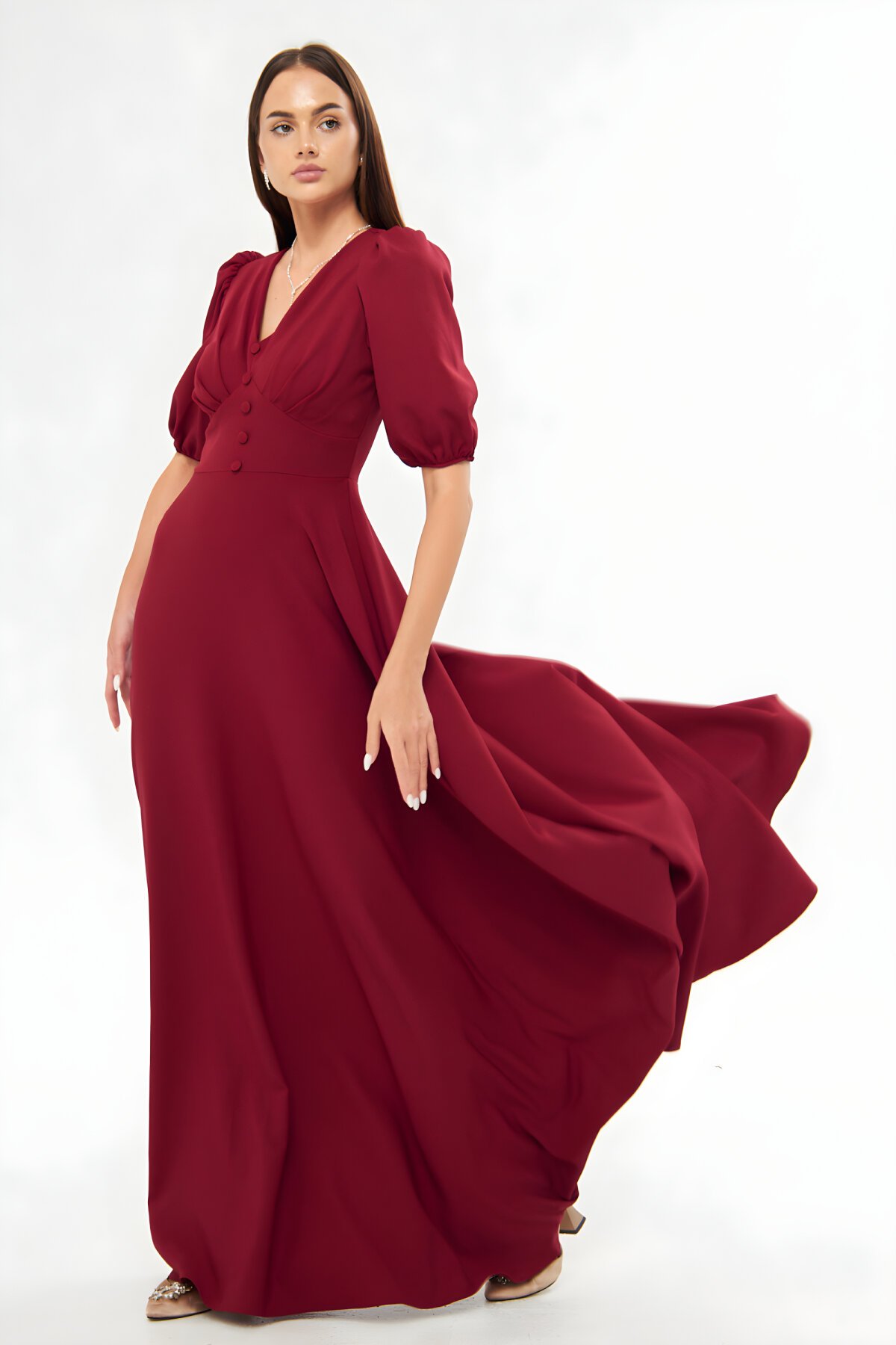 Bordo Uzun Balon Kol Korsaj Kemer Detaylı Abiye Elbise - Bidoluelbise