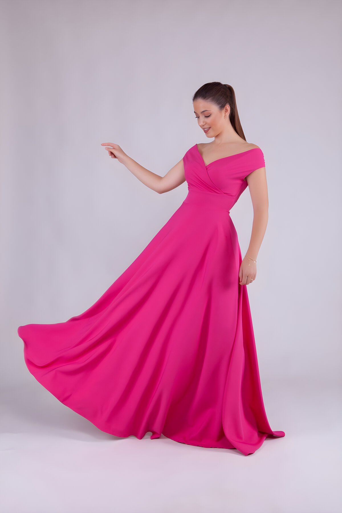 Long Boat Neck Evening Dress - Fuchsia - Bidoluelbise