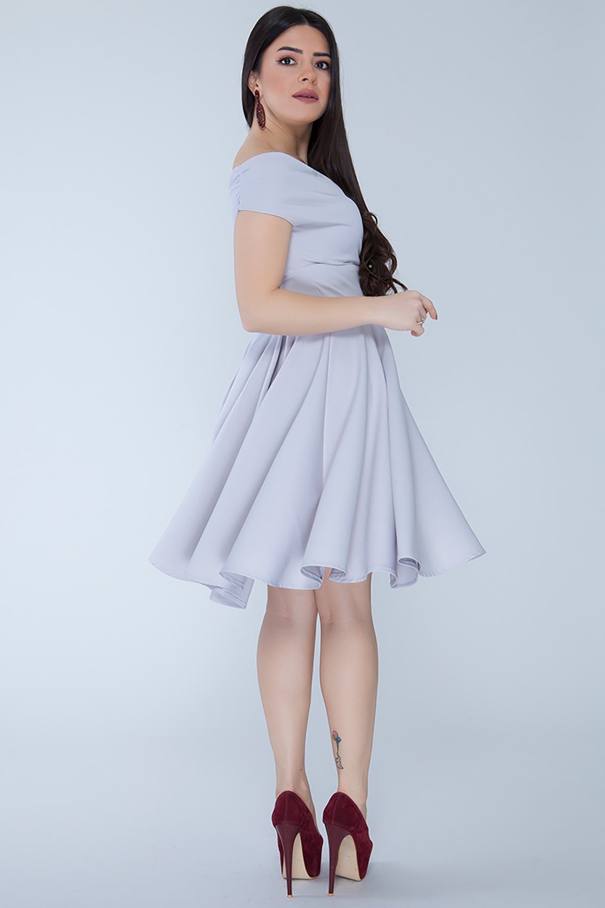 Mini Flare Pleated Boat Neck Evening Dress - Gray - Bidoluelbise