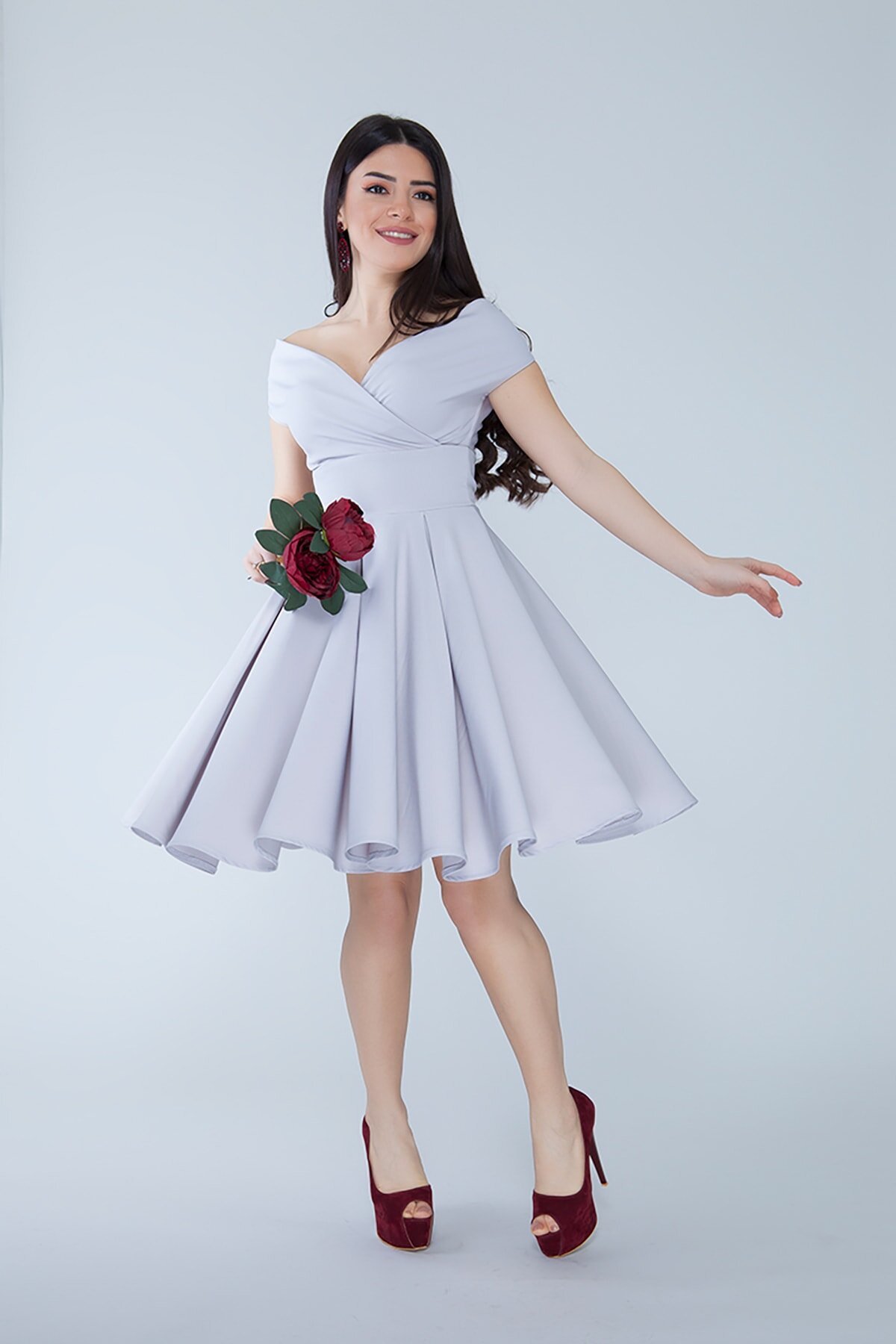 Mini Flare Pleated Boat Neck Evening Dress - Gray - Bidoluelbise
