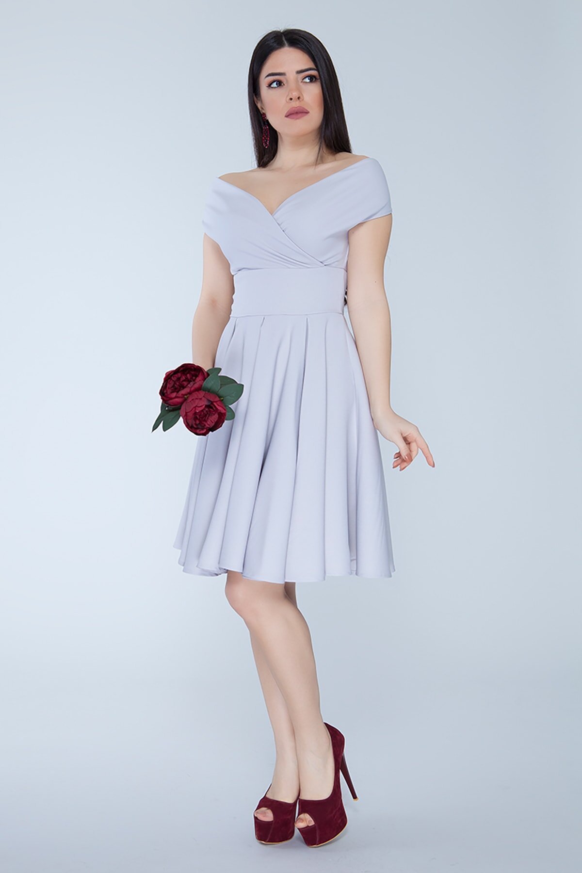 Mini Flare Pleated Boat Neck Evening Dress - Gray - Bidoluelbise