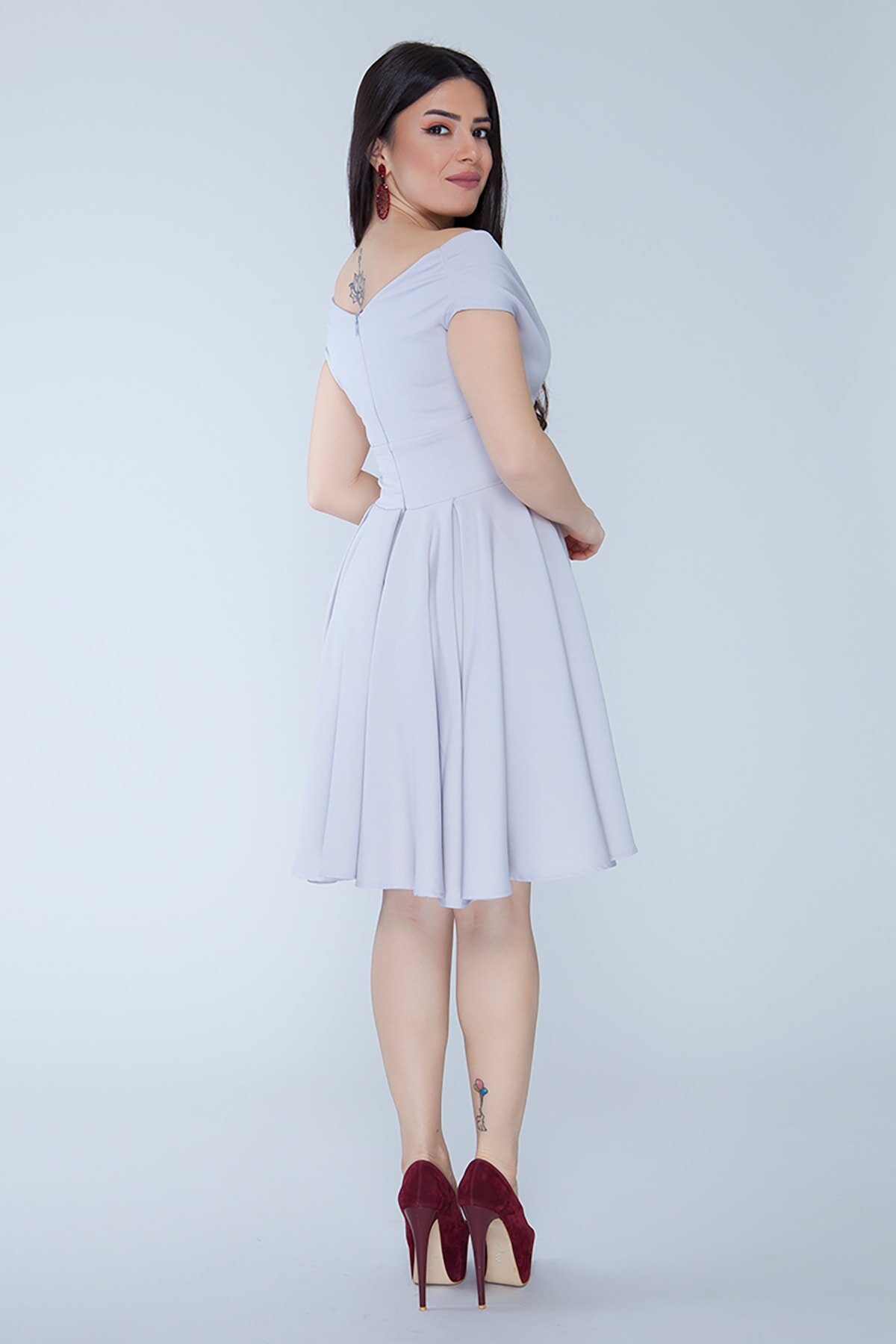 Mini Flare Pleated Boat Neck Evening Dress - Gray - Bidoluelbise