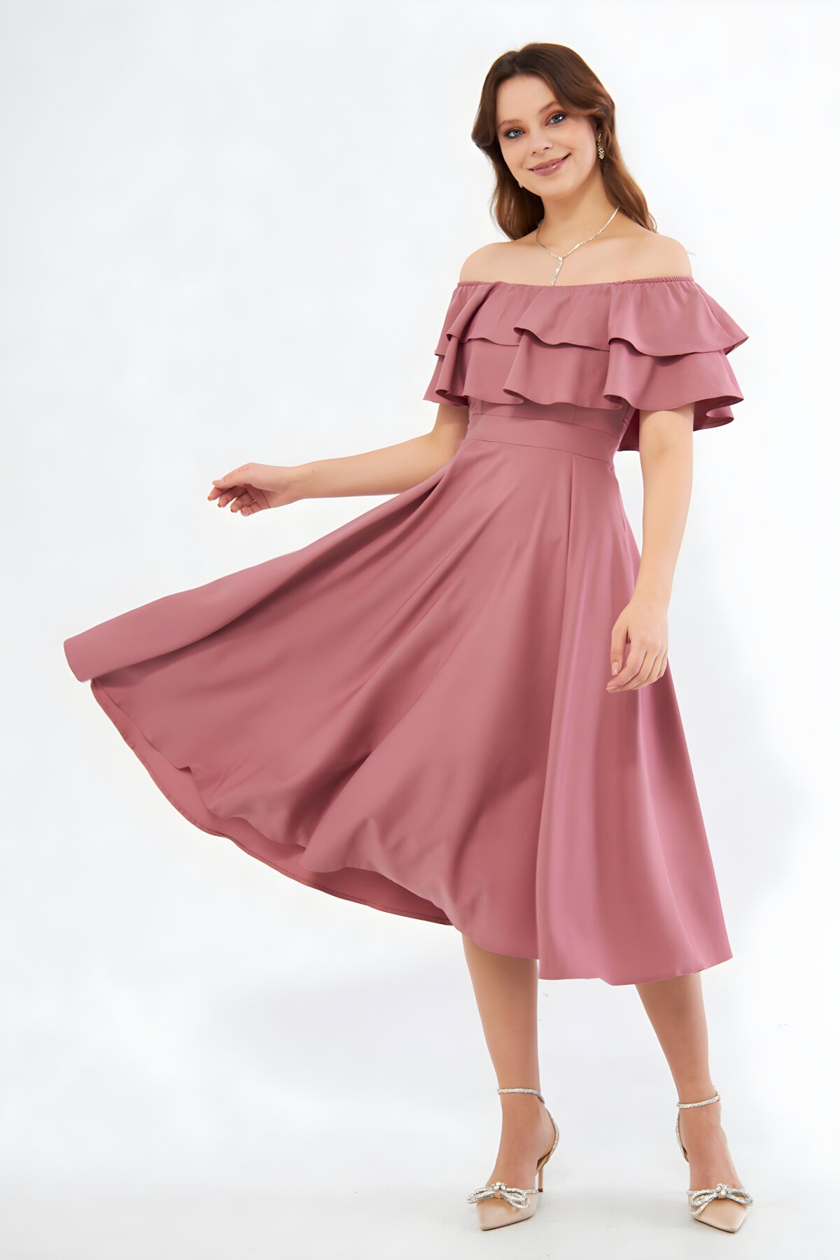 Gül Kurusu Midi Düşük Omuz Fırfır Yaka Abiye Elbise - Bidoluelbise