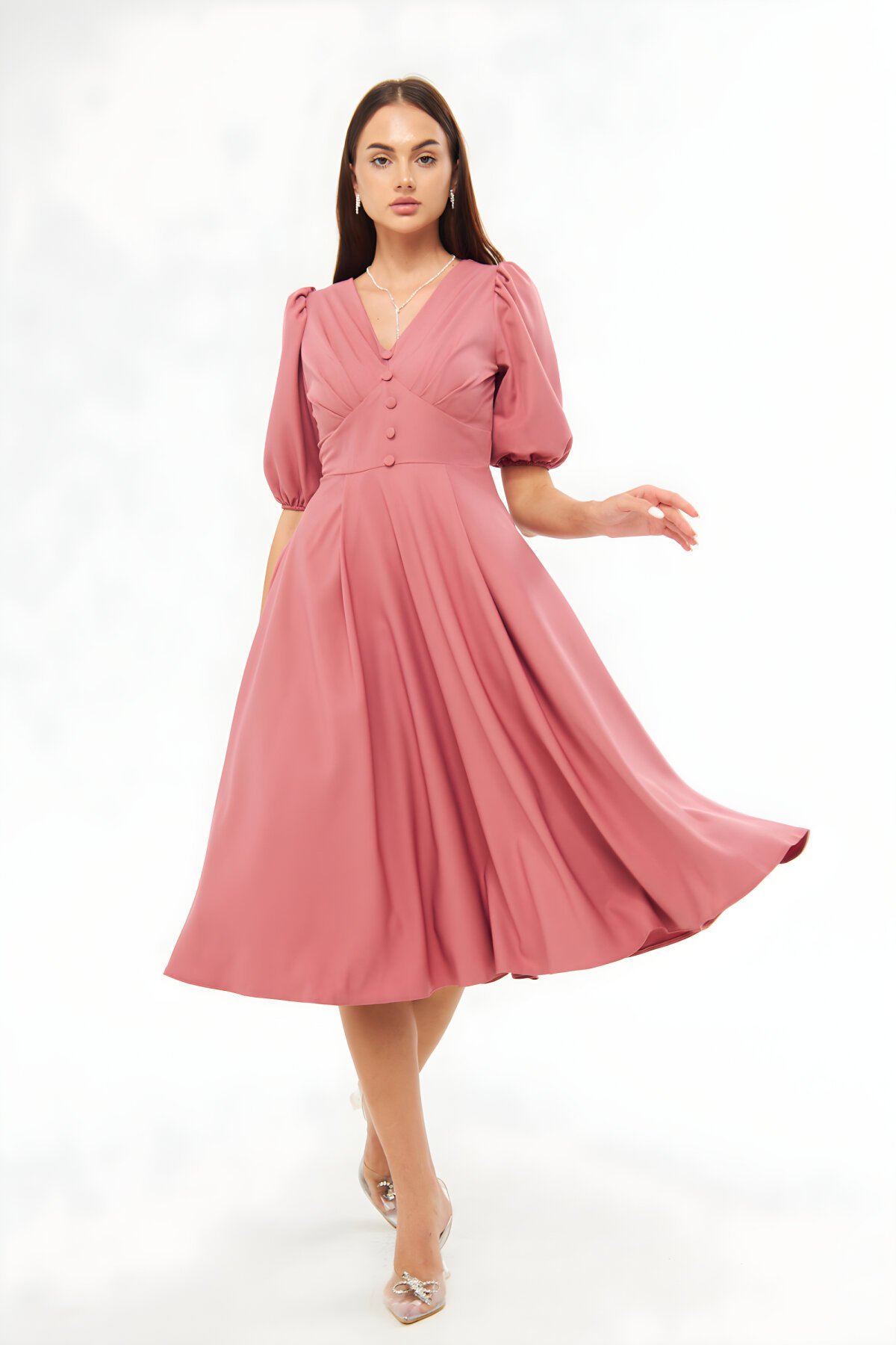 Gül Kurusu Midi Korsaj Kemerli Abiye Elbise - Bidoluelbise