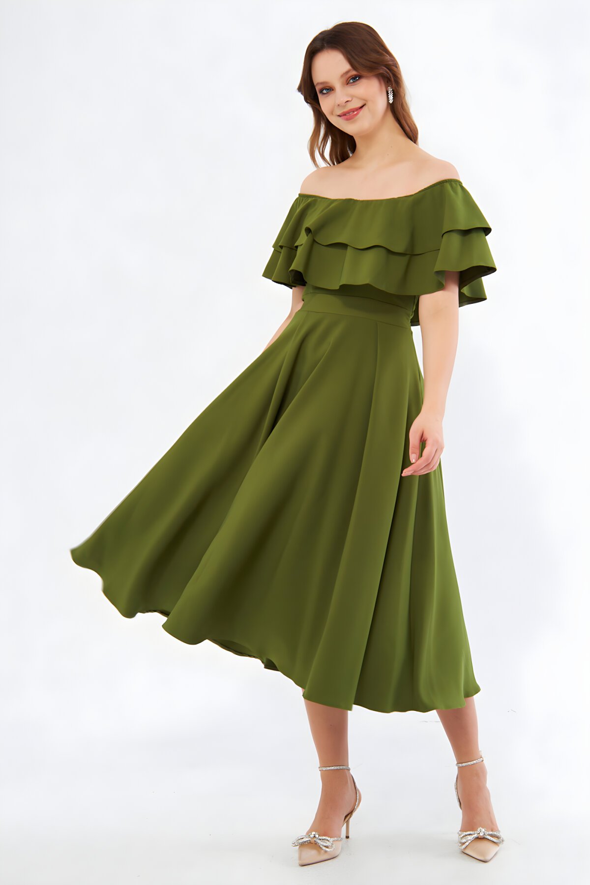 Haki Midi Dökümlü Fırfır Yaka Abiye Elbise - Bidoluelbise