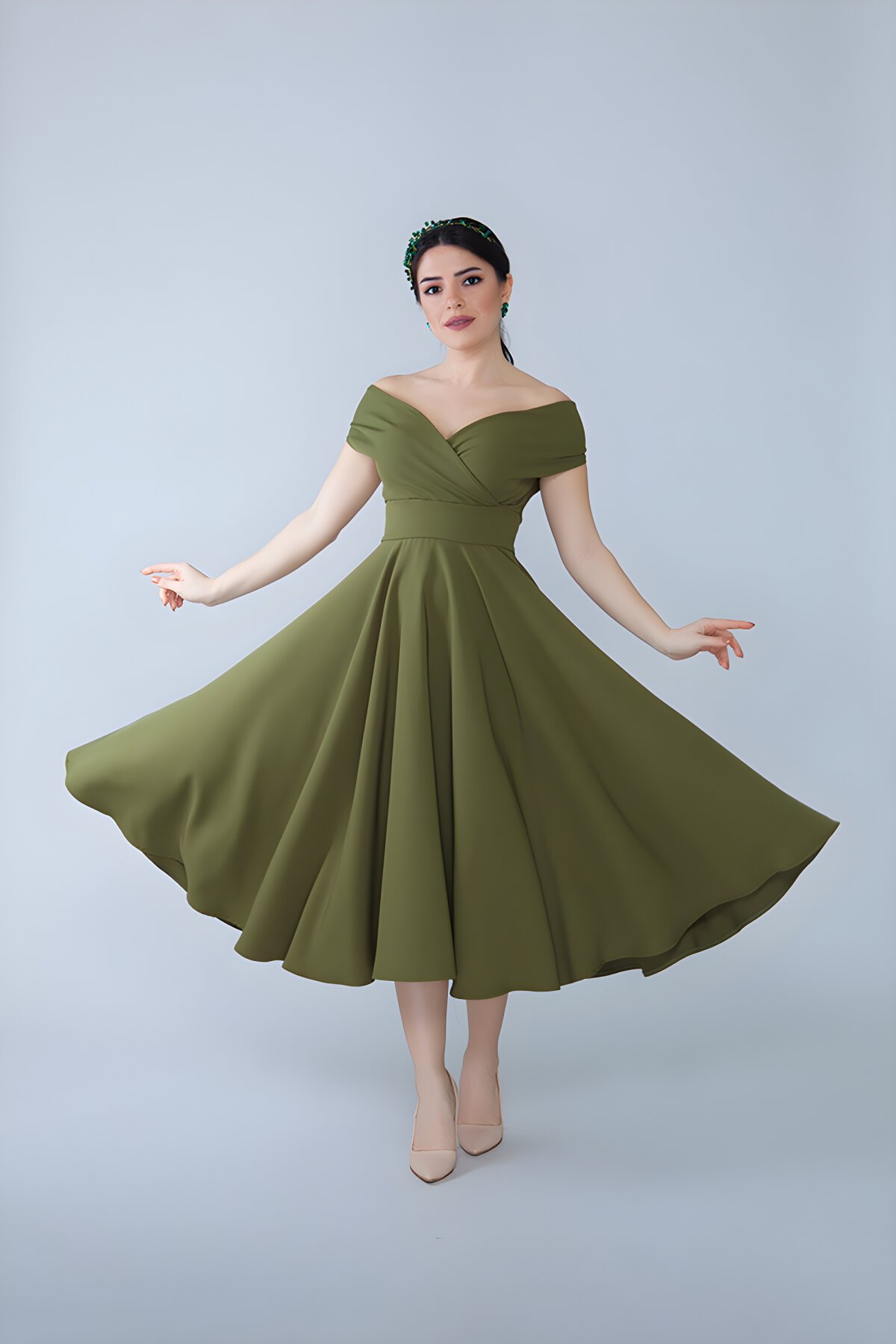 Midi Flared Boat Neck Evening Dress - Khaki - Bidoluelbise