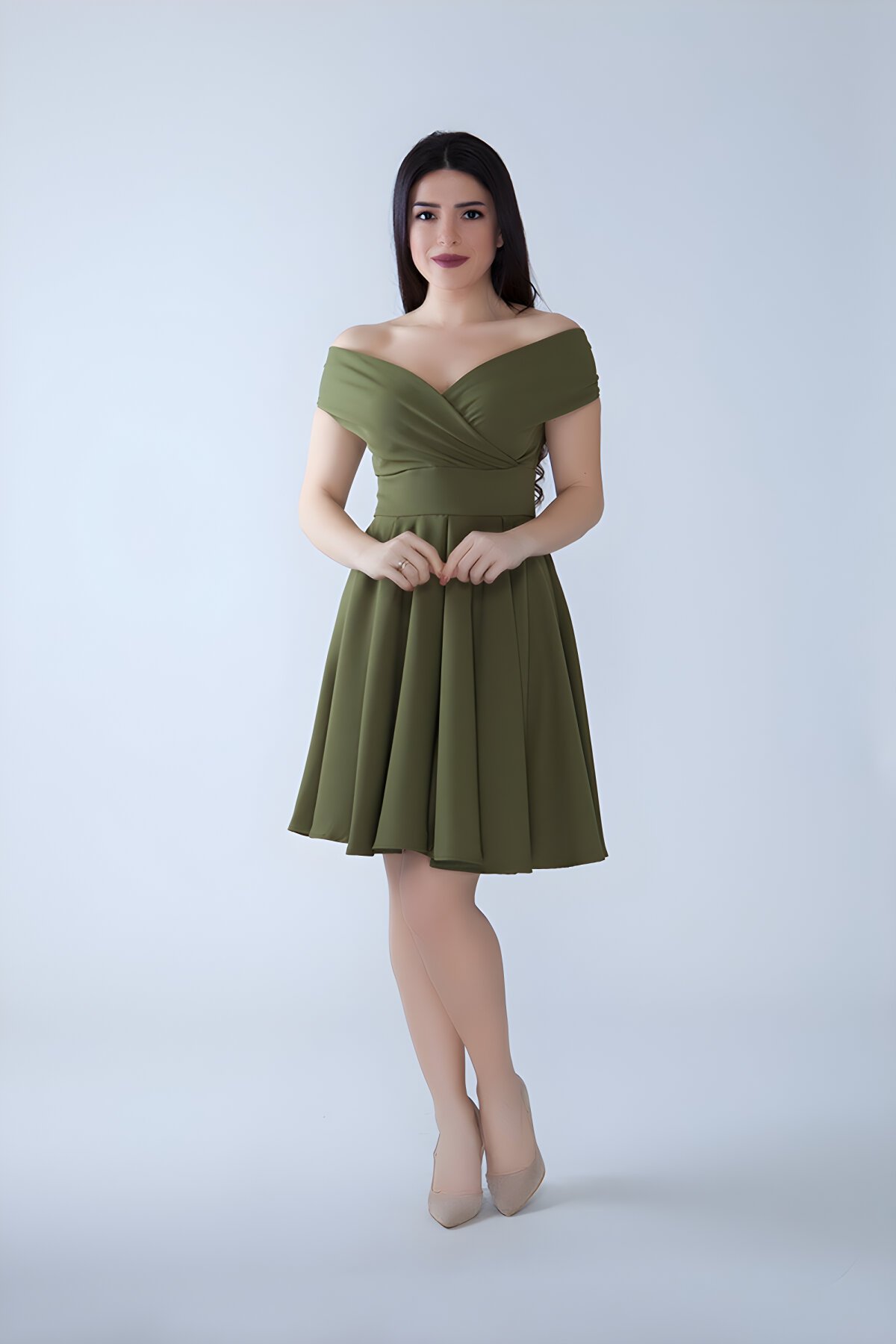 Mini Flared Pleated Boat Neck Evening Dress - Khaki - Bidoluelbise