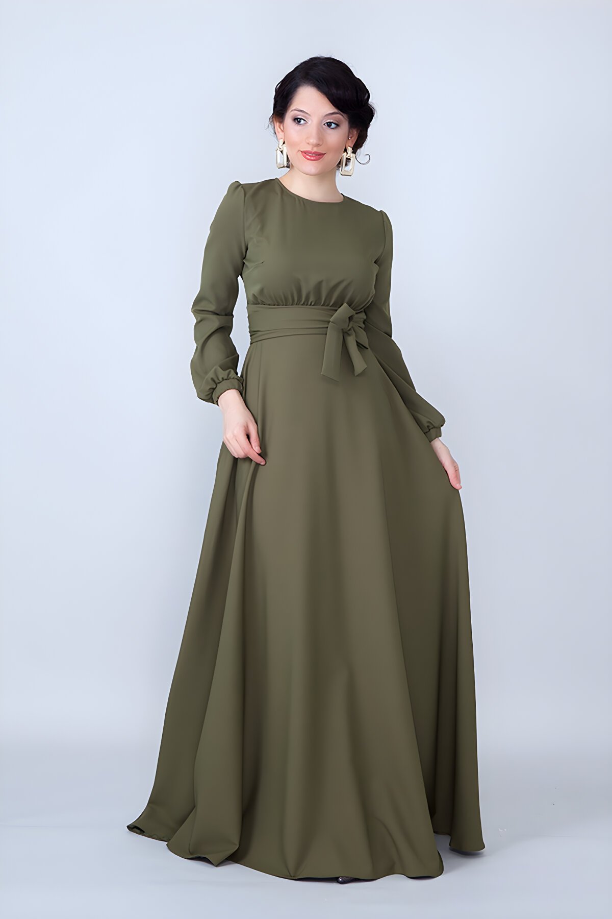 Long Sleeve Belted Modest Evening Dress - Khaki - Bidoluelbise