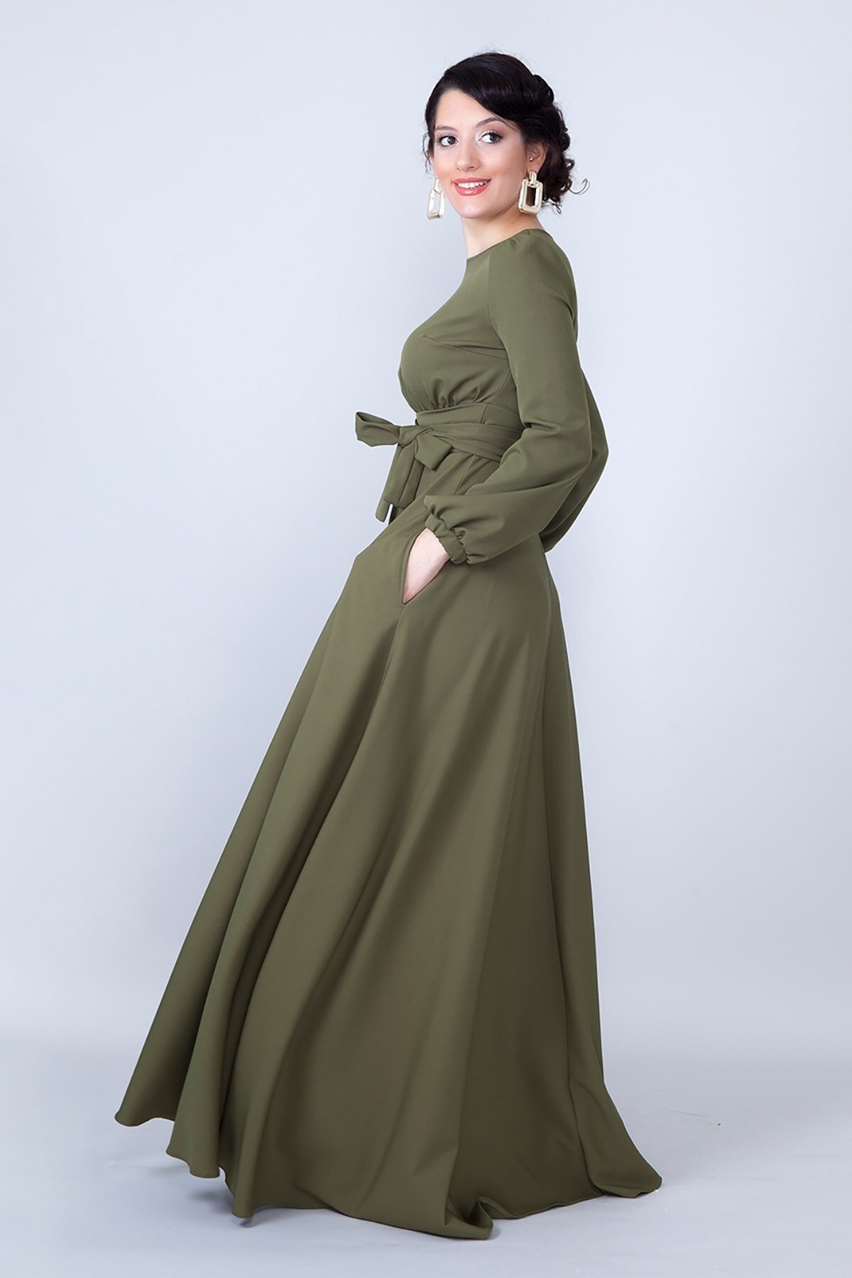 Long Sleeve Belted Modest Evening Dress - Khaki - Bidoluelbise