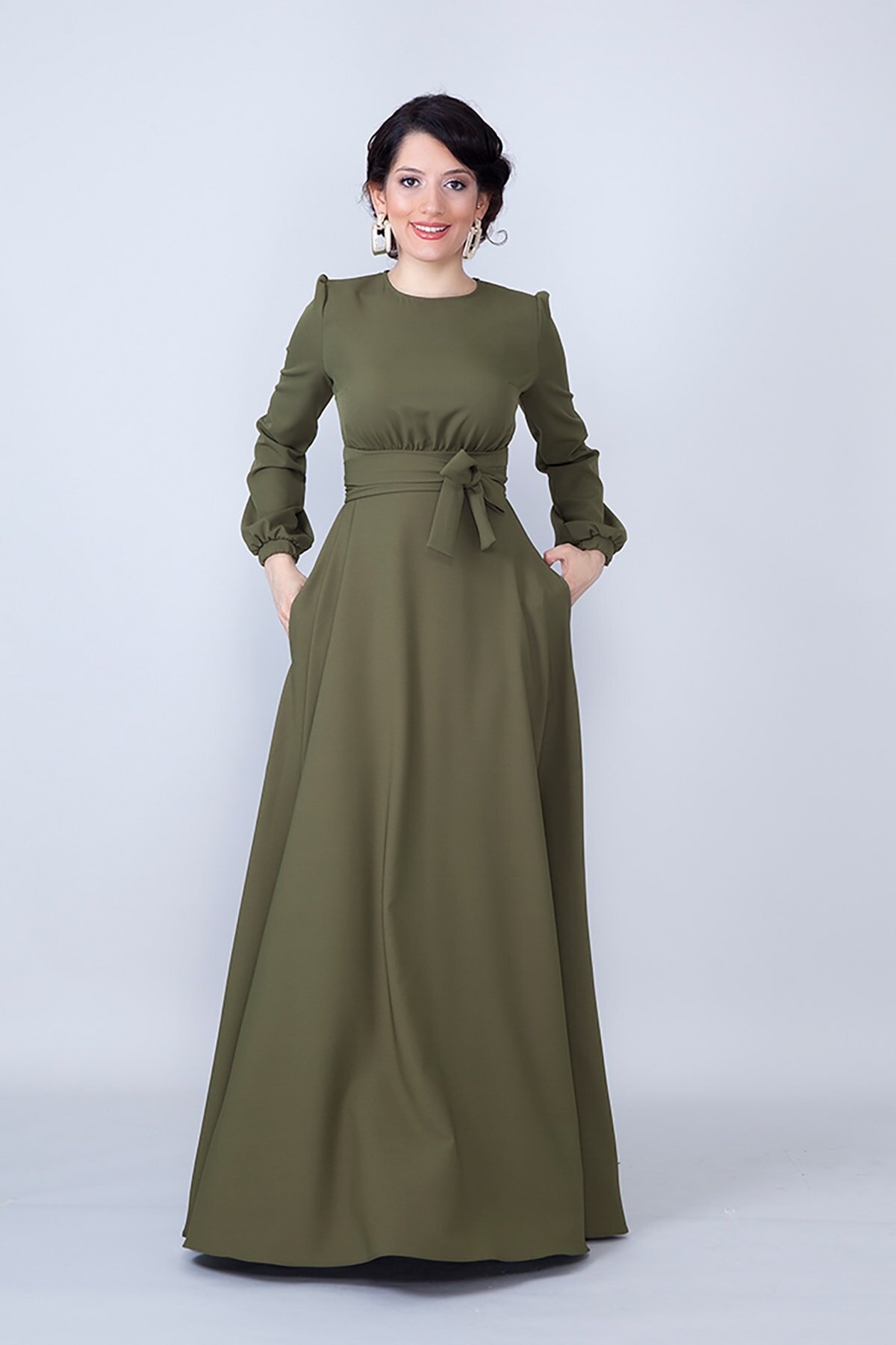 Long Sleeve Belted Modest Evening Dress - Khaki - Bidoluelbise