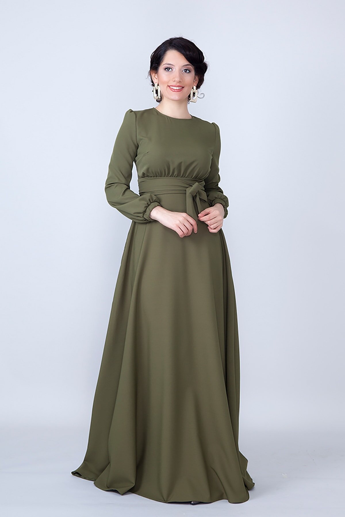 Long Sleeve Belted Modest Evening Dress - Khaki - Bidoluelbise
