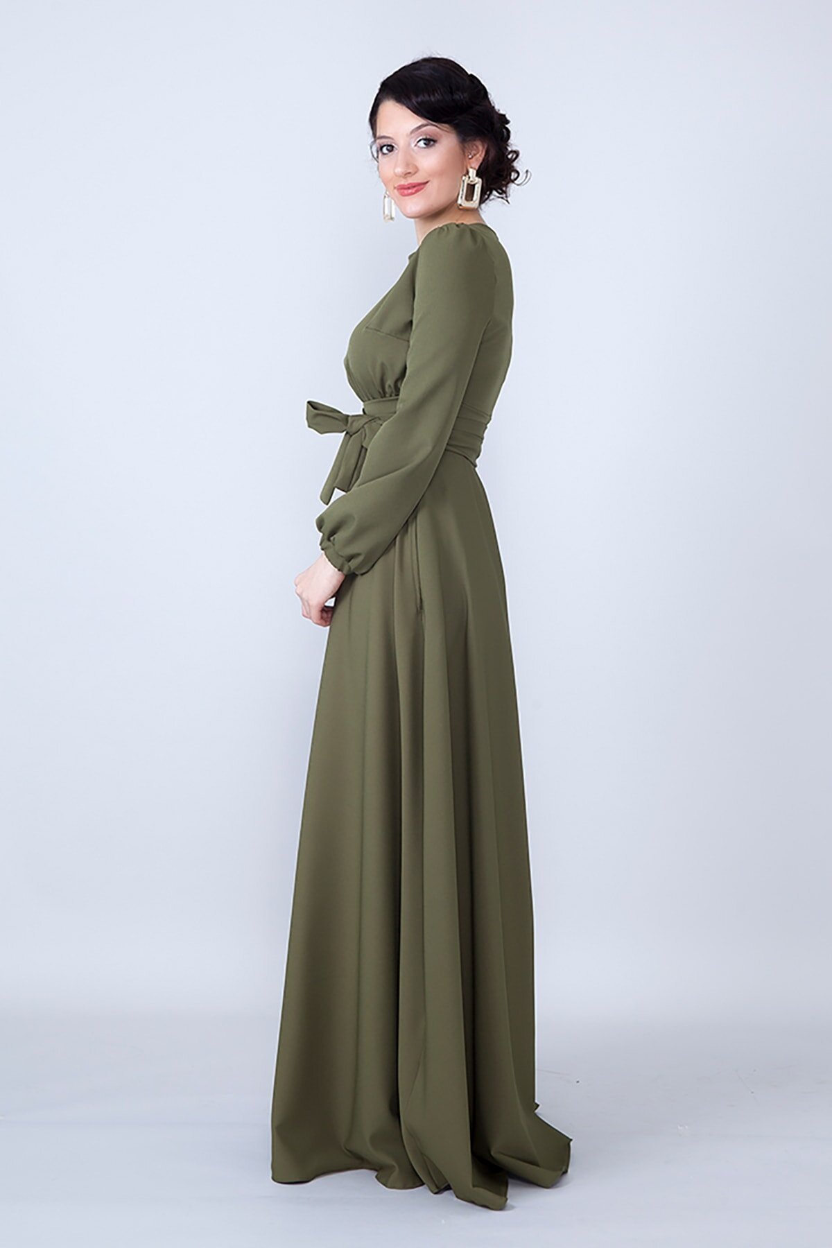 Long Sleeve Belted Modest Evening Dress - Khaki - Bidoluelbise