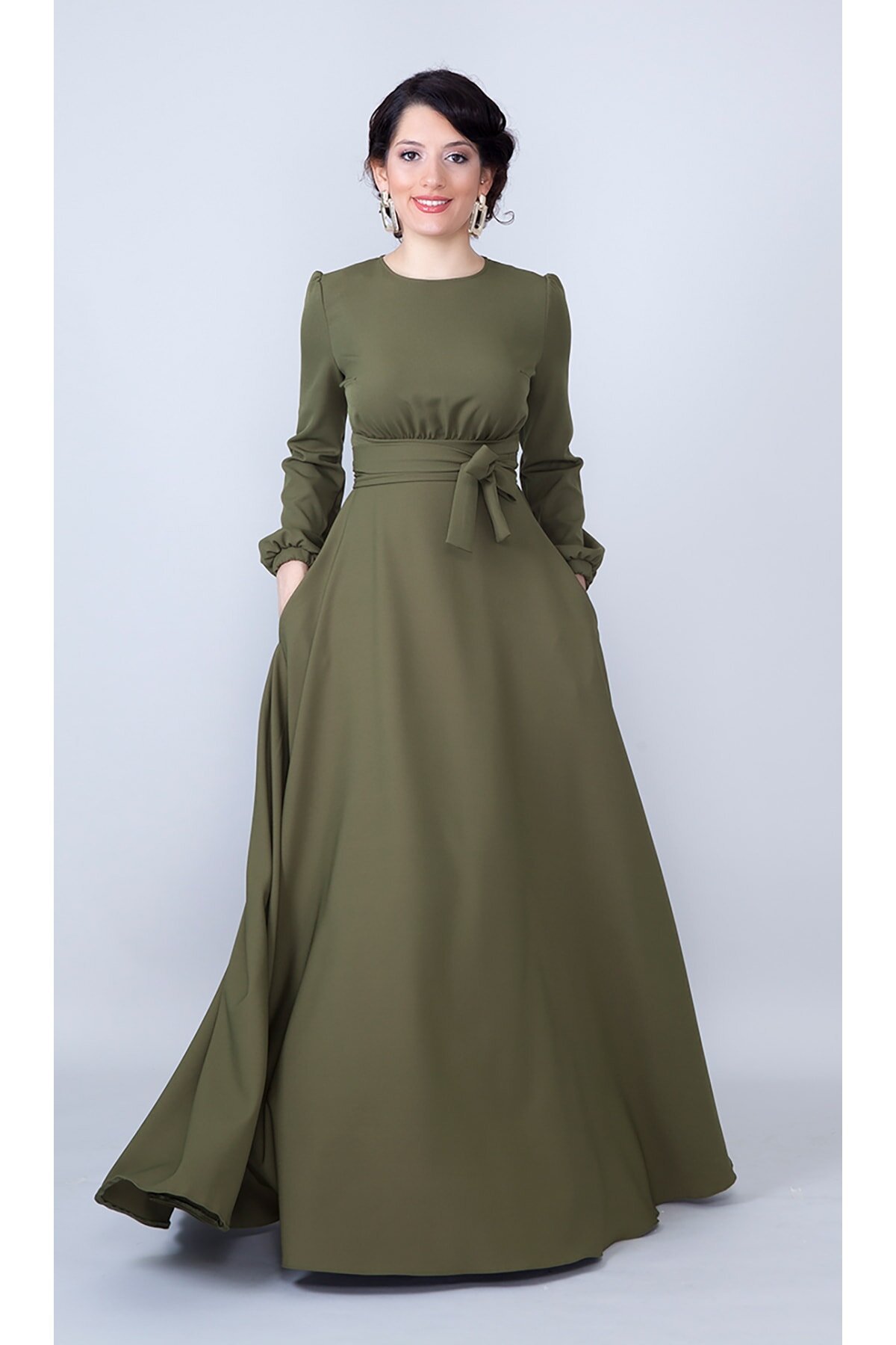 Long Sleeve Belted Modest Evening Dress - Khaki - Bidoluelbise