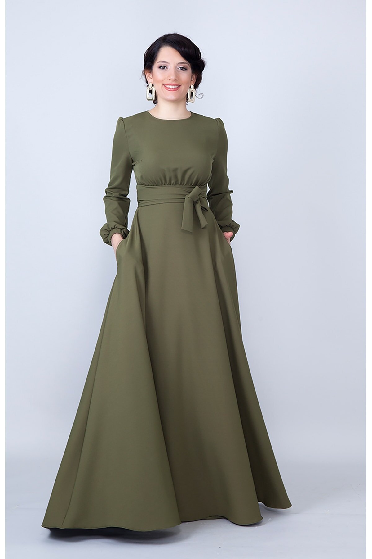 Long Sleeve Belted Modest Evening Dress - Khaki - Bidoluelbise