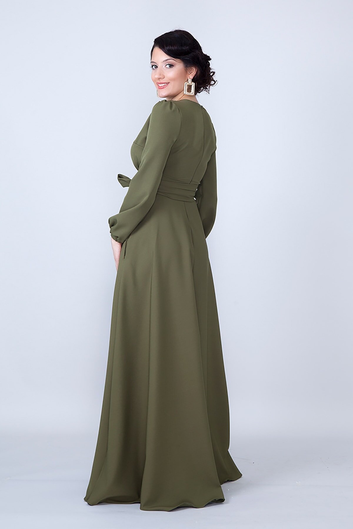Long Sleeve Belted Modest Evening Dress - Khaki - Bidoluelbise
