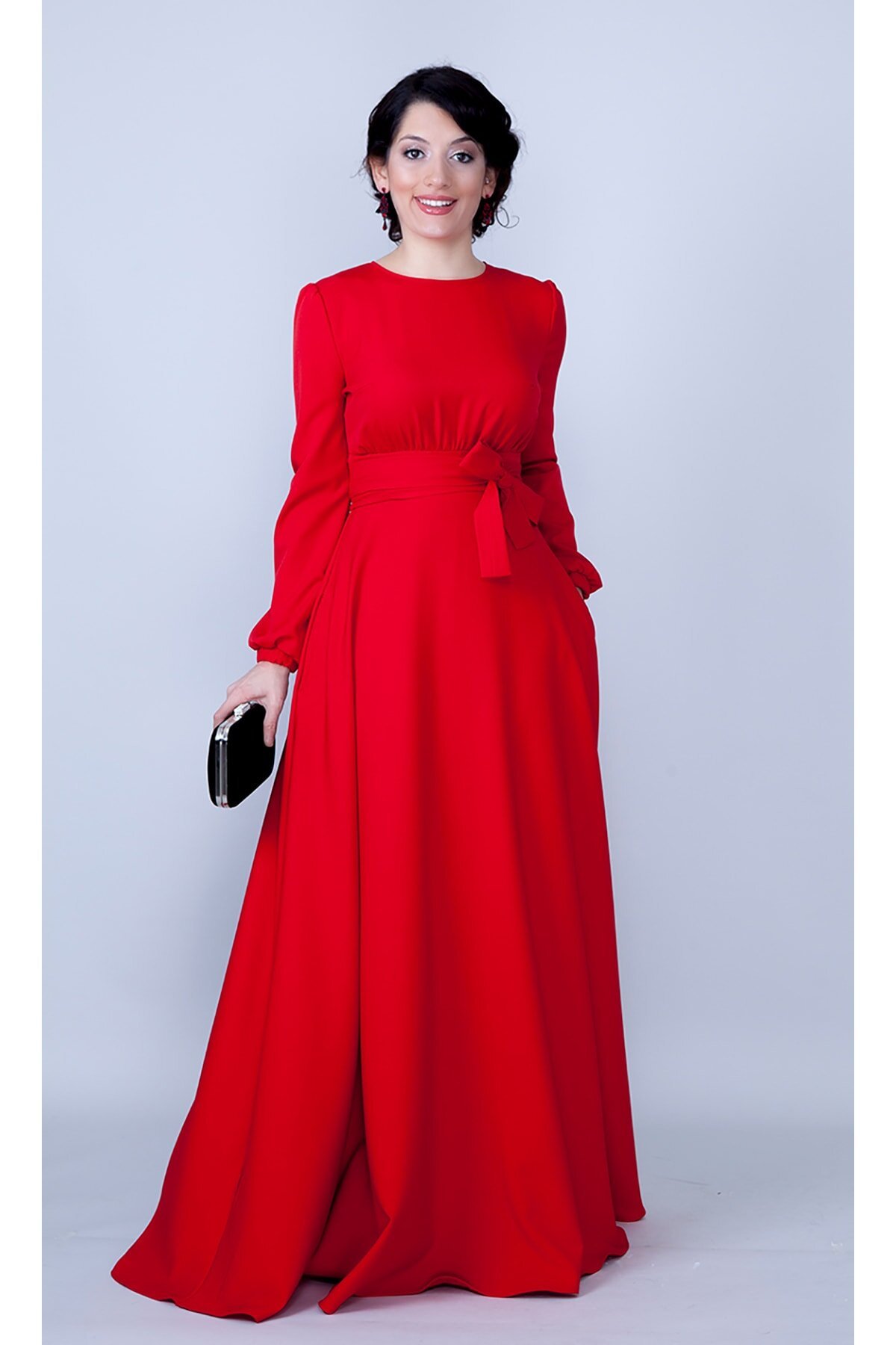 Gathered Waist Belted Modest Evening Dress - Red - Bidoluelbise